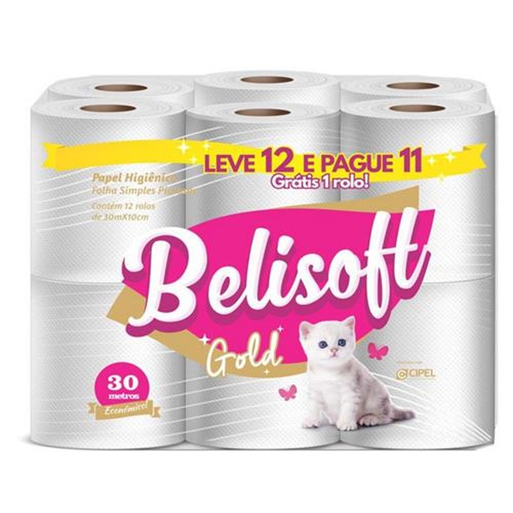 Papel Higiênico Belisoft Gold Folha Simples - Pacote contém 12 rolos