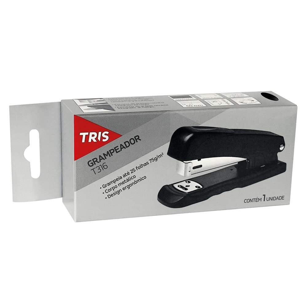 Grampeador Tris T316 26/6 Metal 12,6cm 25 Folhas Preto