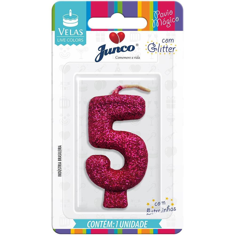 Vela Aniversário Live Colors com Gliter Pink Nº 5 Junco