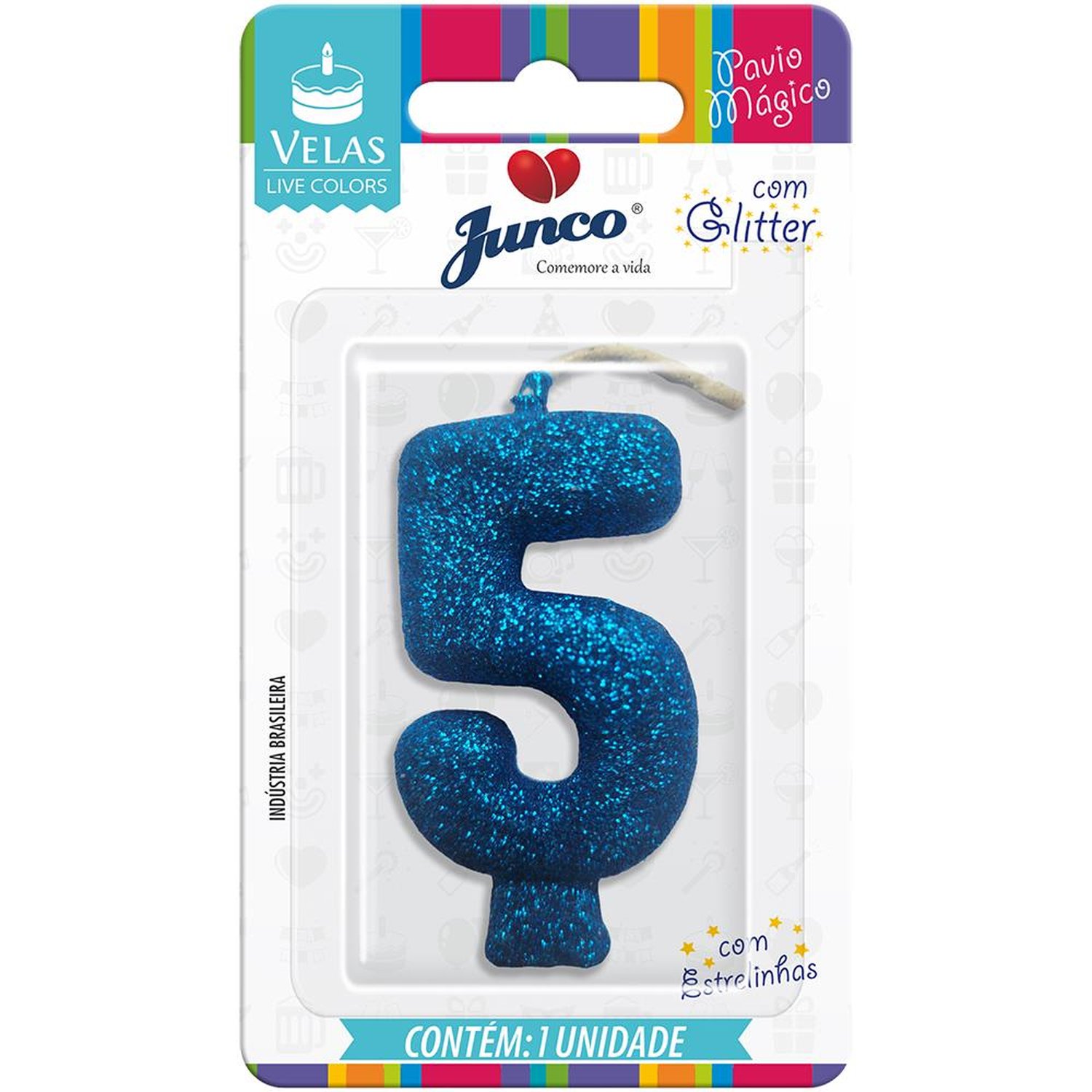 Vela Aniversário Live Colors com Gliter Azul Nº 5 Junco