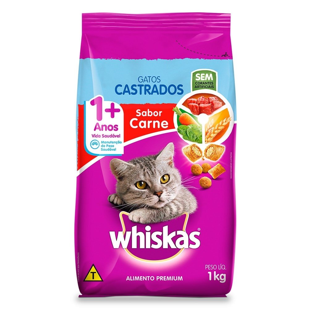 Ração Whiskas Gatos Castrados Carne 1Kg