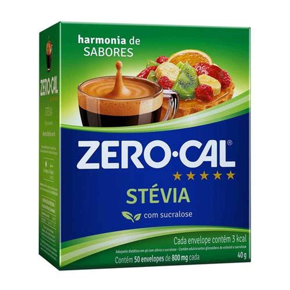 Adoçante Zero-Cal Stevia em Pó 0,8g Embalagem com 50 Unidades