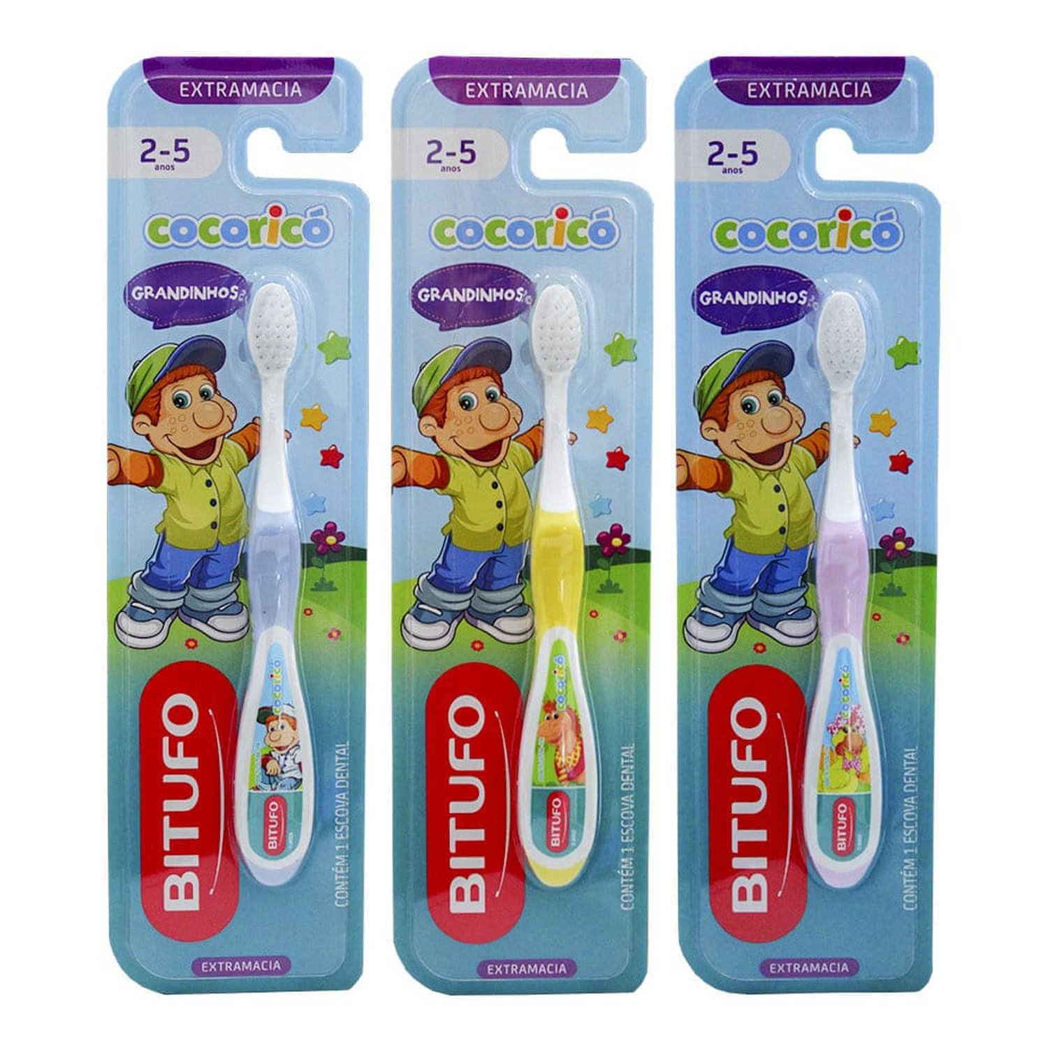 Escova De Dentes Bitufo Cocorico Grandinhos Extra Macia 2 A 5 Anos