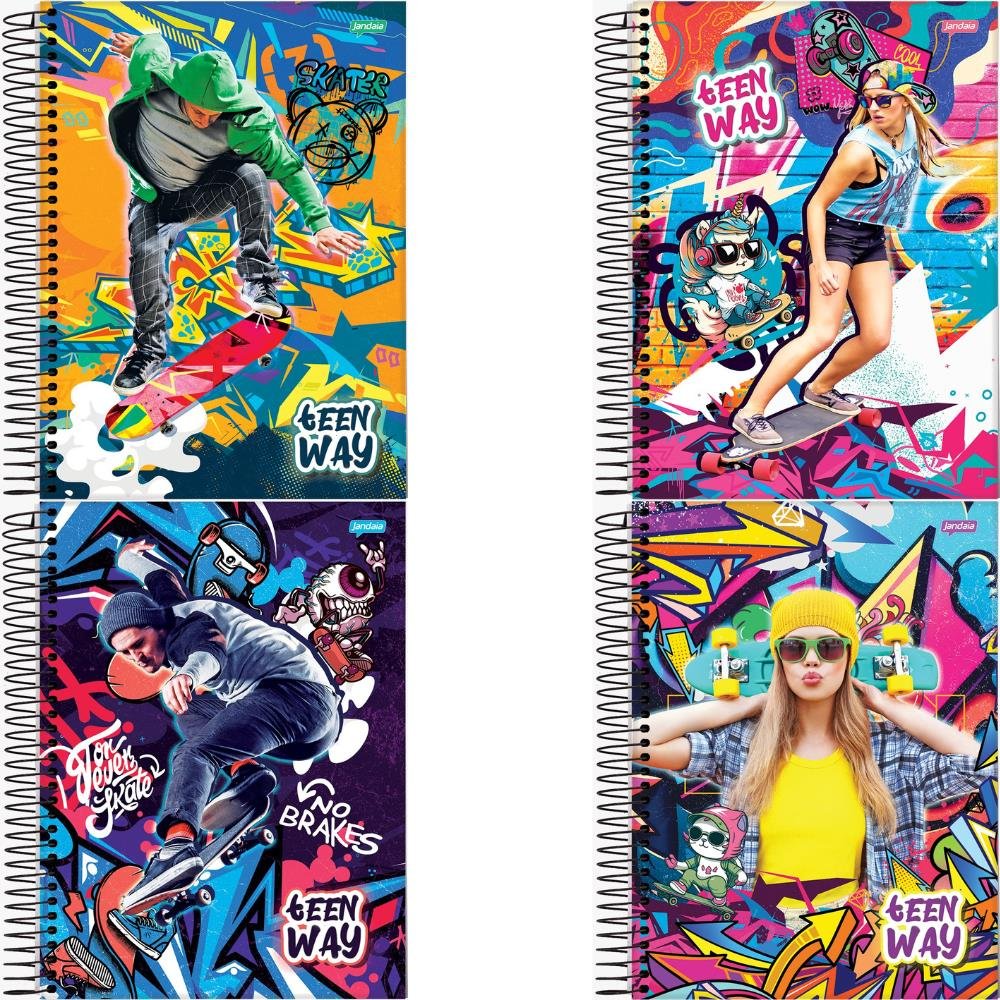 Caderno Universitário Capa Dura Teen Way Jandaia 10 Matérias 200 folhas Sortido