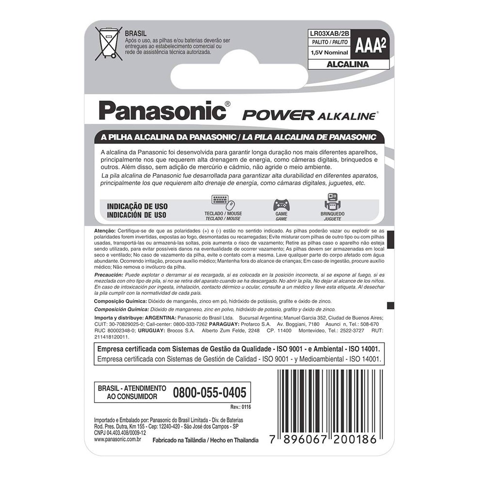Pilha Panasonic Alcalina LR03XAB/2B Palito AAA - Embalagem com 2 Unidades