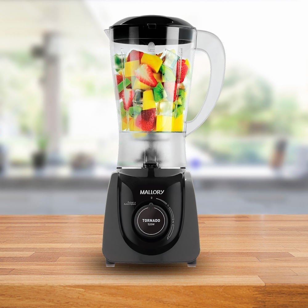 Liquidificador Mallory Tornado - Copo de Plástico, 3 Velocidades + Pulsar, 520W, Preto, 110V