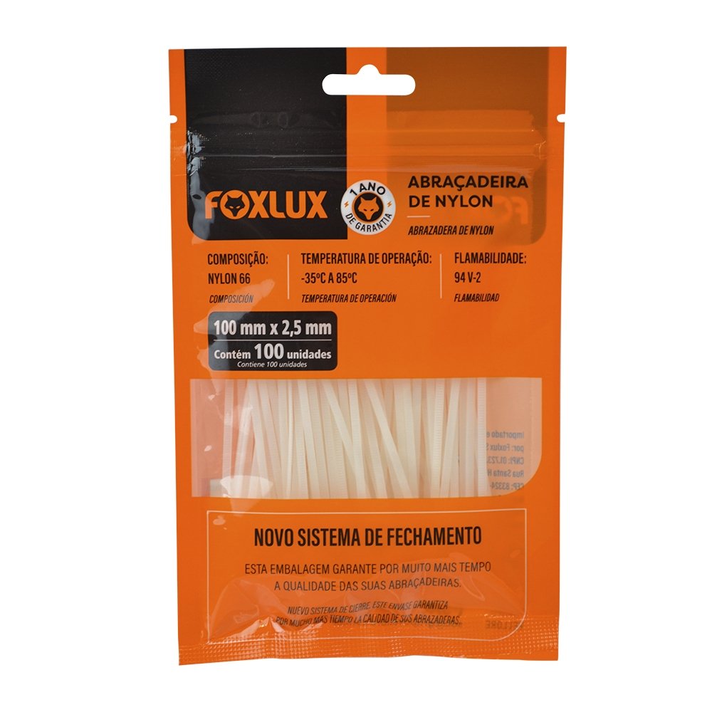 Abraçadeira Nylon Foxlux 100mm x 2,5mm Branco - Embalagem com 100 Unidades