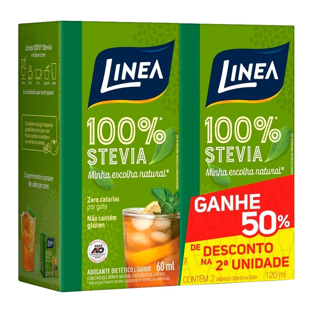 Adoçante Linea Stévia Líquido 50 Desconto Segunda Unidade 60ml - Embalagem com 2 Unidades