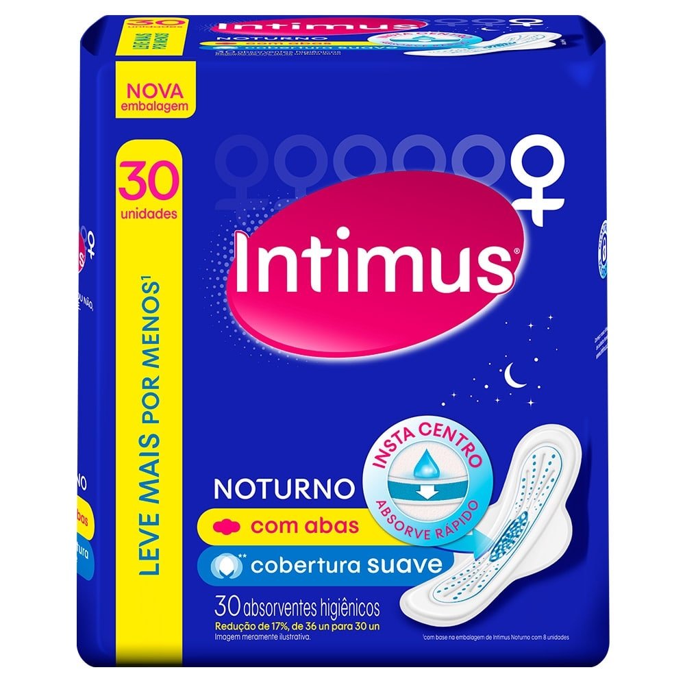 Absorvente Intimus Noturno Cobertura Suave com Abas Embalagem com 30 Unidades