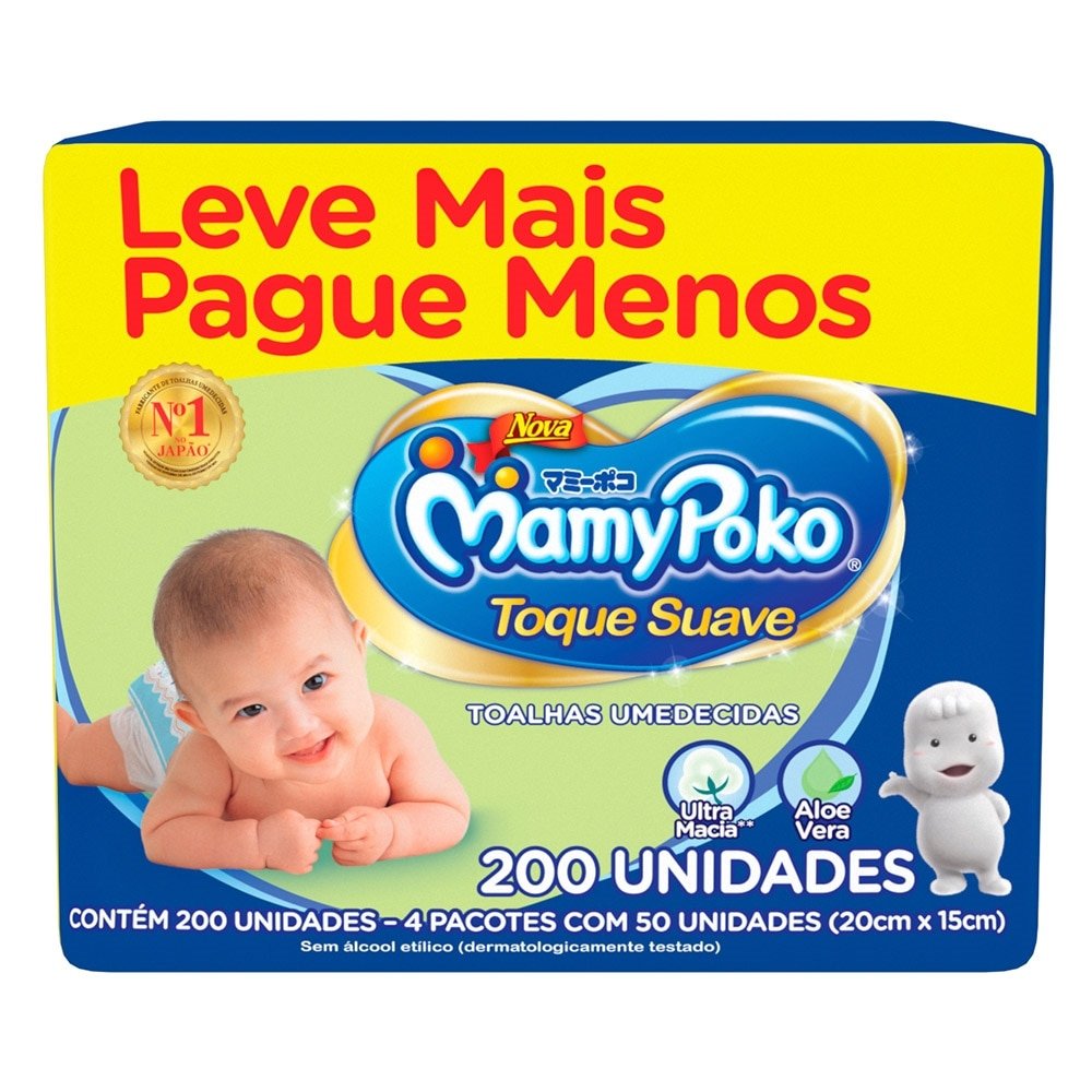 Toalhas Umedecidas MamyPoko Toque Suave - Pacote com 200 Toalhas