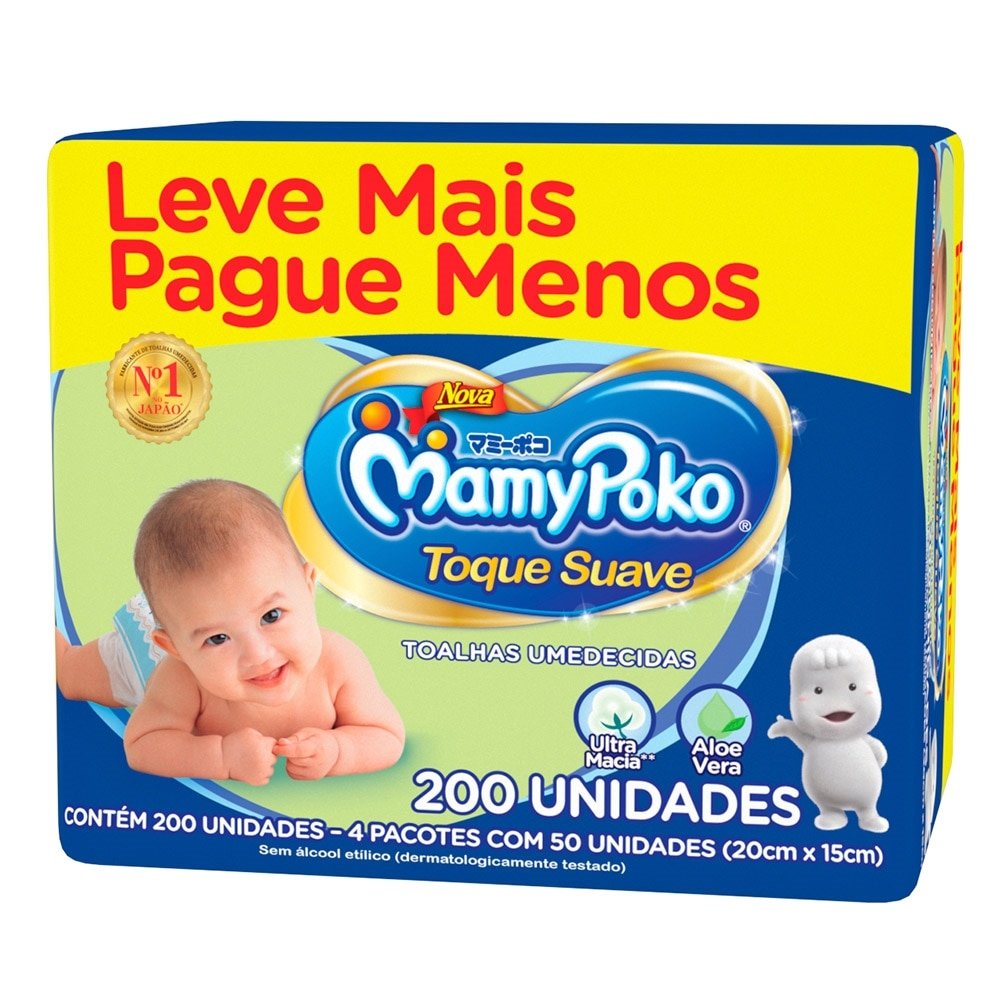 Toalhas Umedecidas MamyPoko Toque Suave - Pacote com 200 Toalhas