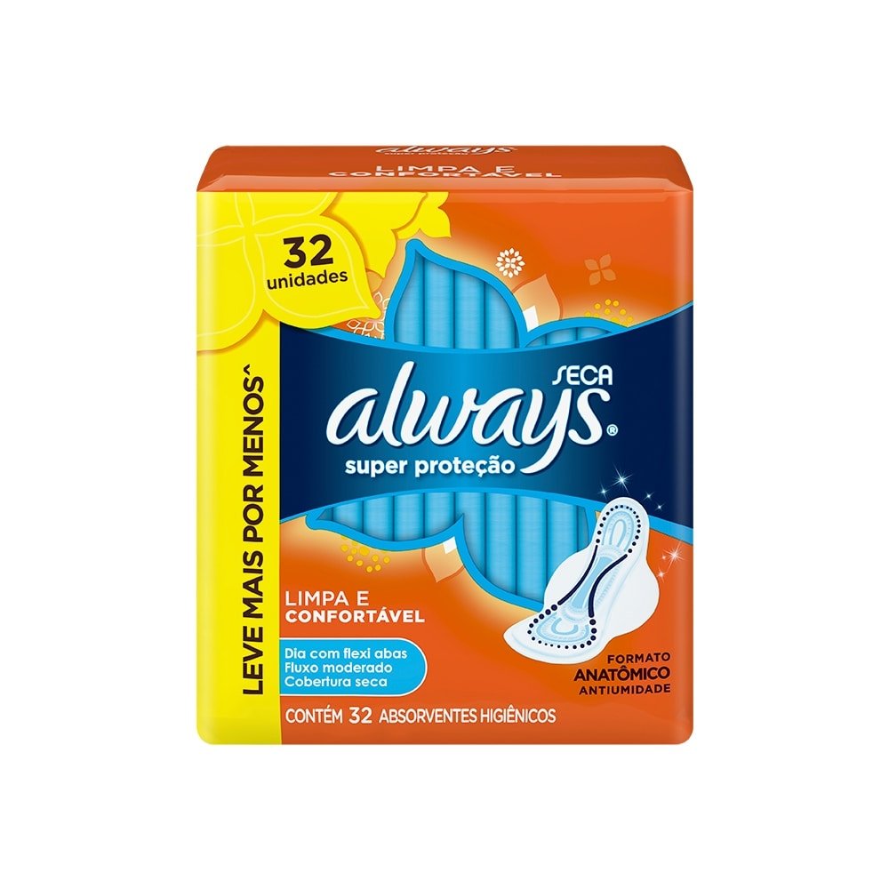 Absorvente Always Super Proteção Seca Com Abas - Embalagem c/ 32 unidades