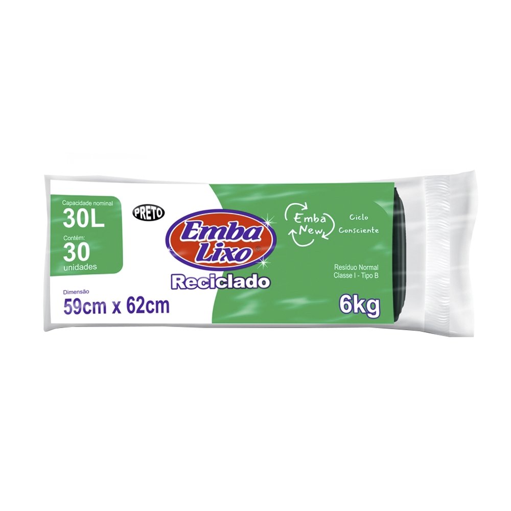 Saco de Lixo Embalixo Rolo Reciclado Preto 30L - Embalagem com 30 Unidades