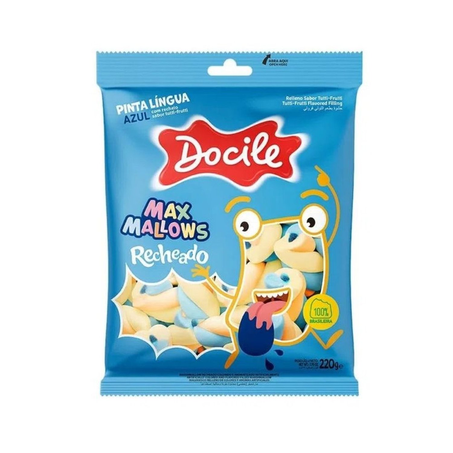 Marshmallow Doci Maxmallows Twist Recheado Pinta Lingua Azul Baunilha Com Tutti Frutti 220G Docile