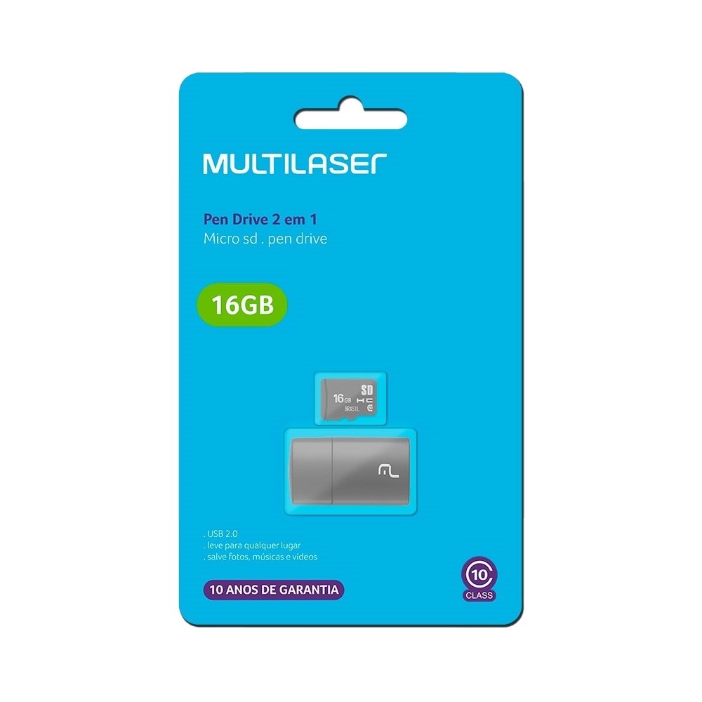 Cartão de Memória Multilaser Micro SD 16GB, MC162 2x1, Classe 10