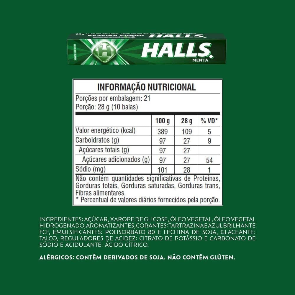 Bala Halls Menta 28g - Caixa com 21 unidades