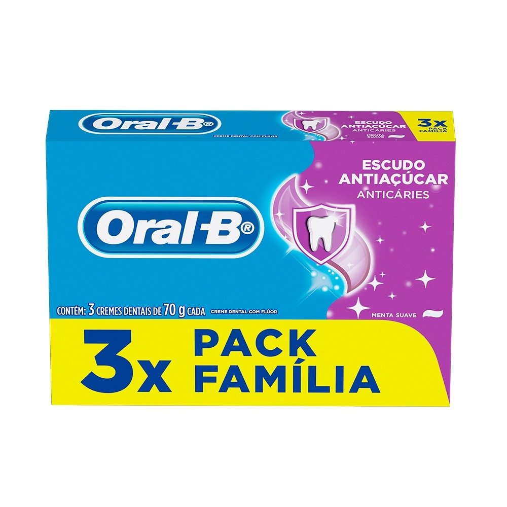 Creme Dental Oral B Menta Suave Escuto Antiaçúcar 70g Embalagem com 3 Unidades