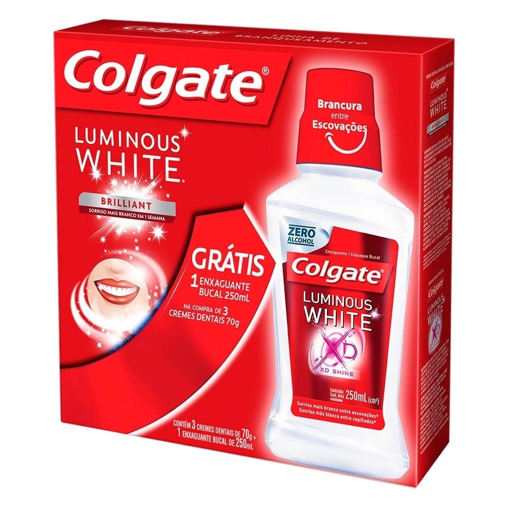 Creme Dental Colgate Luminous White Brilliant 70g 3 Unidades + Antisséptico Bucal Luminous White 250ml