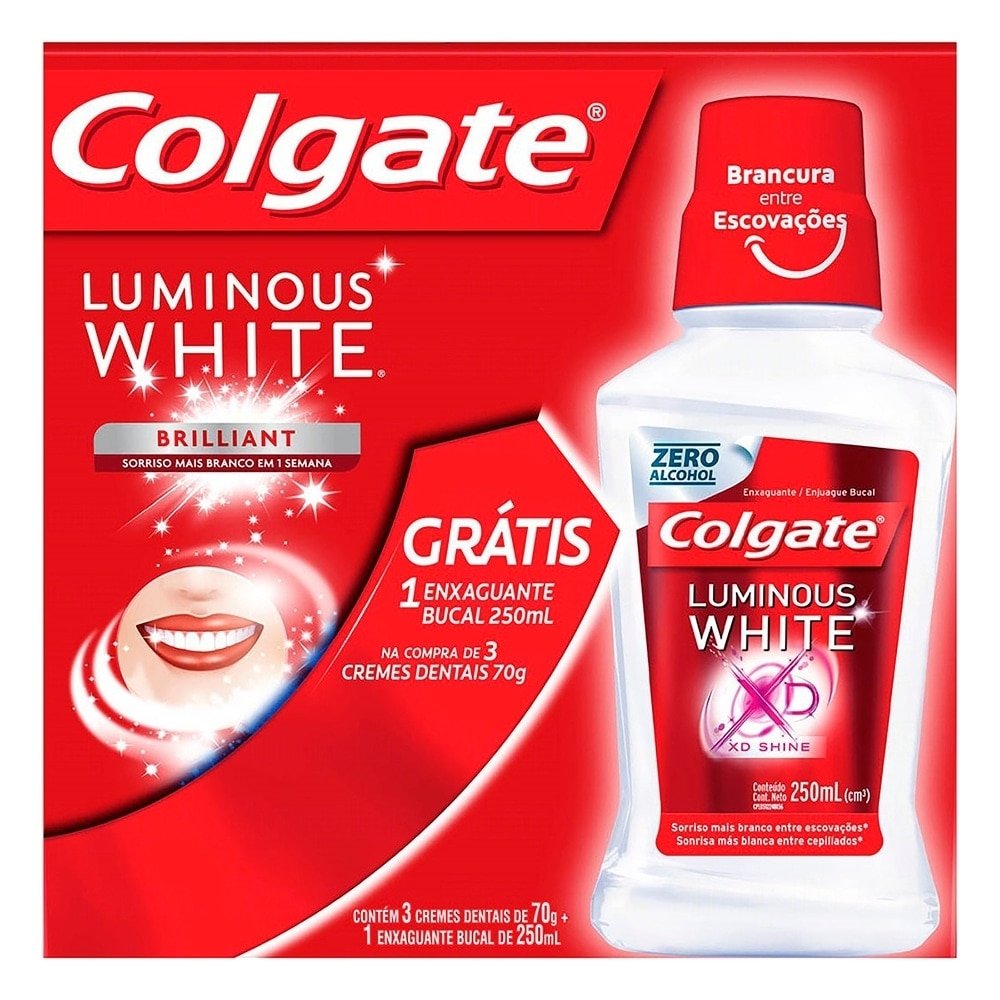 Creme Dental Colgate Luminous White Brilliant 70g 3 Unidades + Antisséptico Bucal Luminous White 250ml