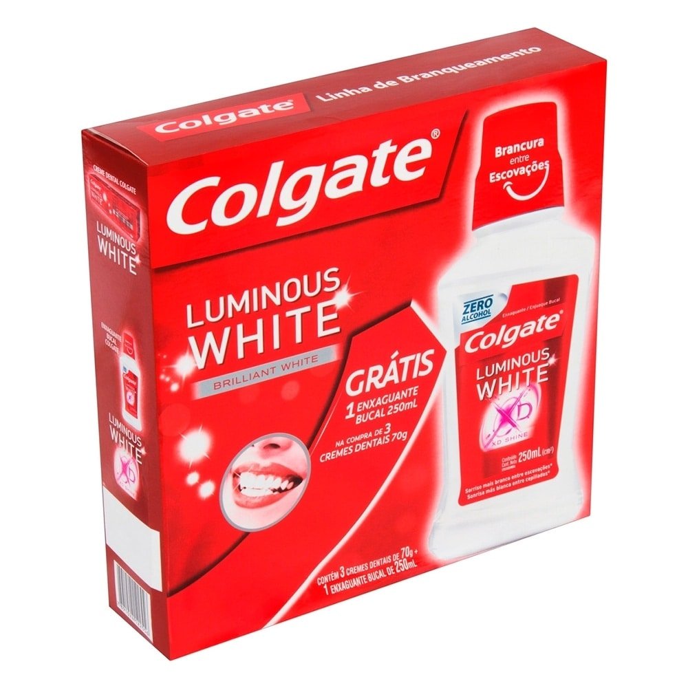 Creme Dental Colgate Luminous White Brilliant 70g 3 Unidades + Antisséptico Bucal Luminous White 250ml