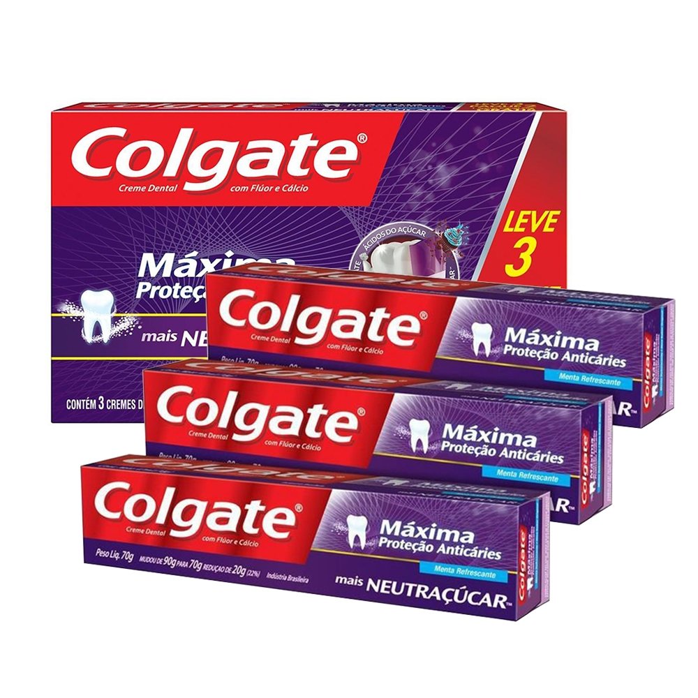 Creme Dental Colgate Máxima Proteção Anticáries Neutraçúcar 70g - Embalagem com 3 Unidades