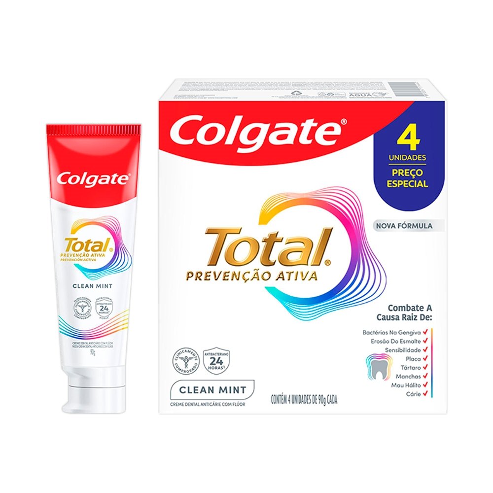 Creme Dental Colgate Total 12 Clean Mint 90g Embalagem com 4 Unidades