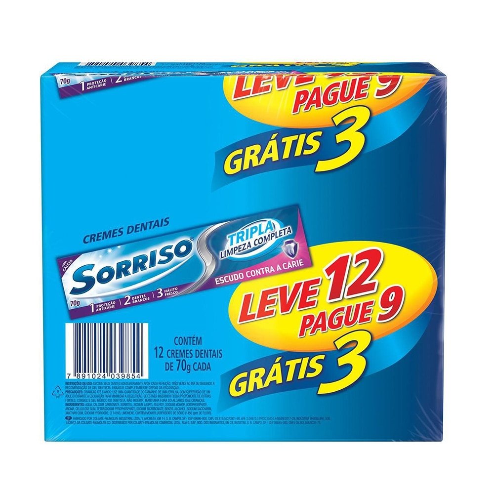 Creme Dental Sorriso Tripla Limpeza Completa 70g Embalagem com 12 Unidades
