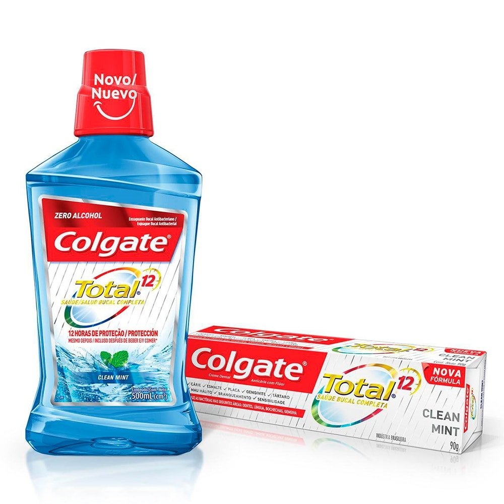 Enxaguante Bucal Colgate Total 12 Clean Mint 500ml + Creme Dental Colgate Total 12 Clean Mint 90g