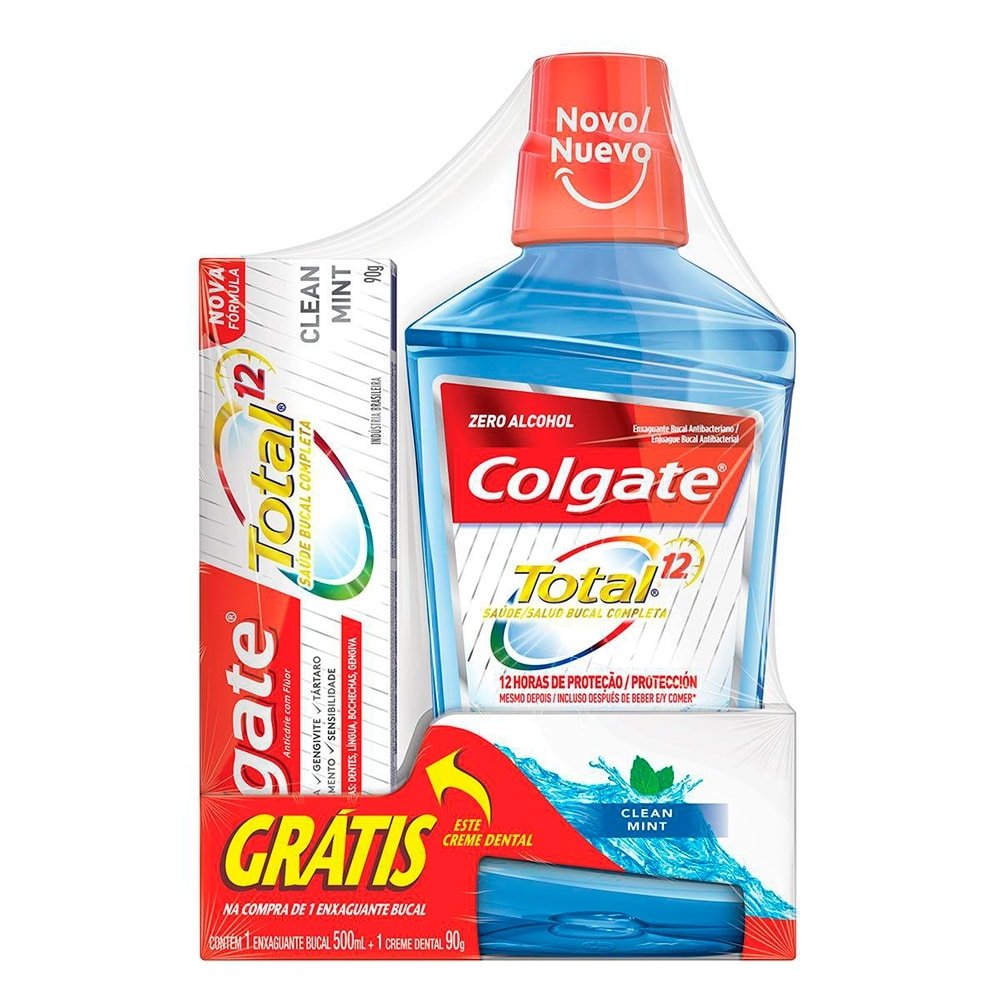 Enxaguante Bucal Colgate Total 12 Clean Mint 500ml + Creme Dental Colgate Total 12 Clean Mint 90g