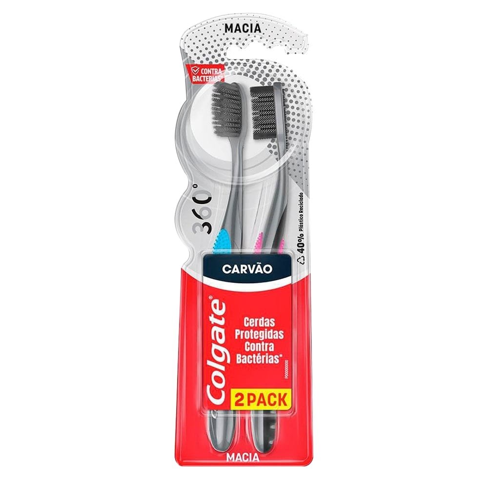 Escova Dental Colgate Contra Bactérias 360º Black Carvão Embalagem 2 Unidades