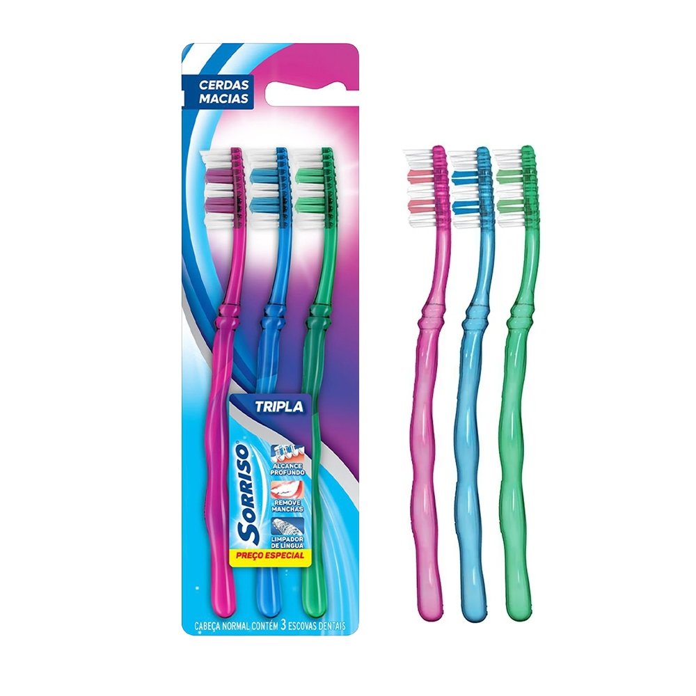 Escova Dental Sorriso Tripla 123 Macia - Embalagem com 3 Unidades (SORTIDO)
