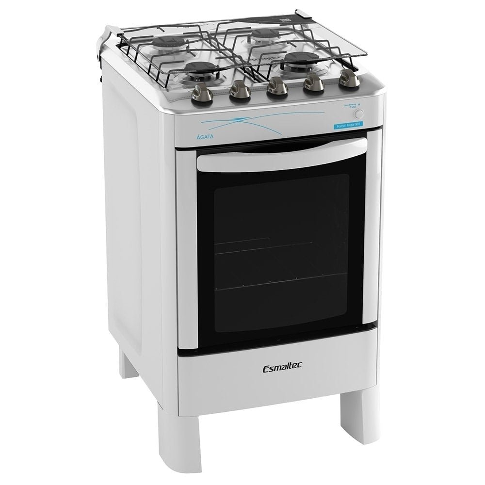 Fogão de Piso Esmaltec 4 Bocas Ágata - Mesa de Inox, Acendimento Automático, Branco, Bivolt