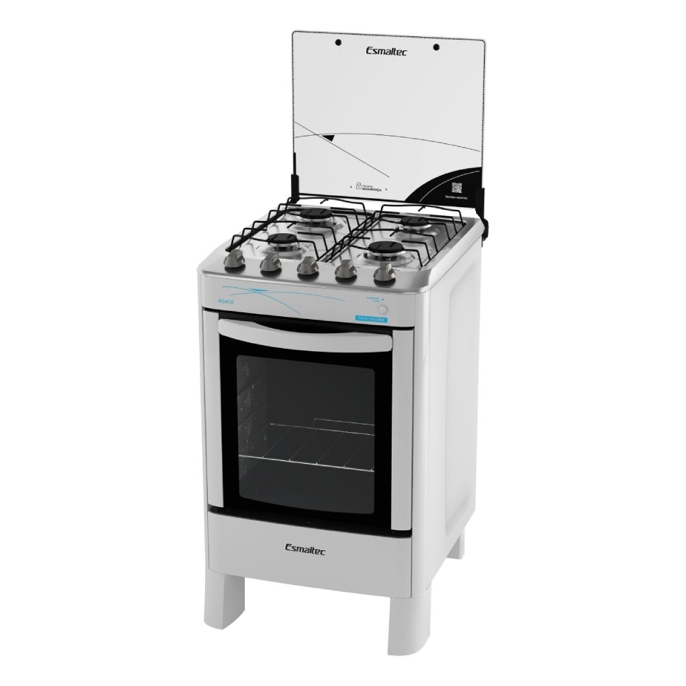 Fogão de Piso Esmaltec 4 Bocas Ágata - Mesa de Inox, Acendimento Automático, Branco, Bivolt