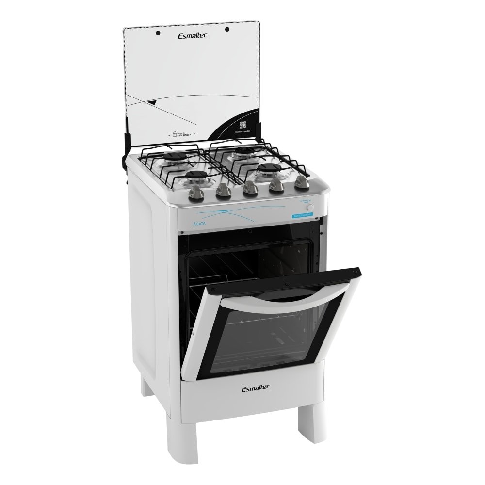 Fogão de Piso Esmaltec 4 Bocas Ágata - Mesa de Inox, Acendimento Automático, Branco, Bivolt