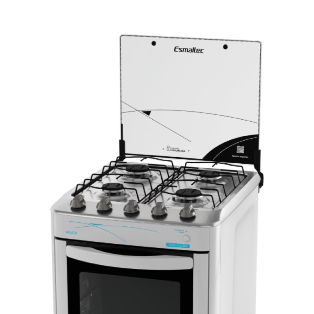 Fogão de Piso Esmaltec 4 Bocas Ágata - Mesa de Inox, Acendimento Automático, Branco, Bivolt