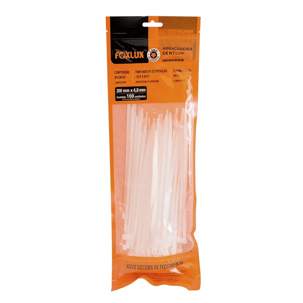Abraçadeira Nylon Foxlux 200mm x 4,8mm Branco - Embalagem com 100 Unidades