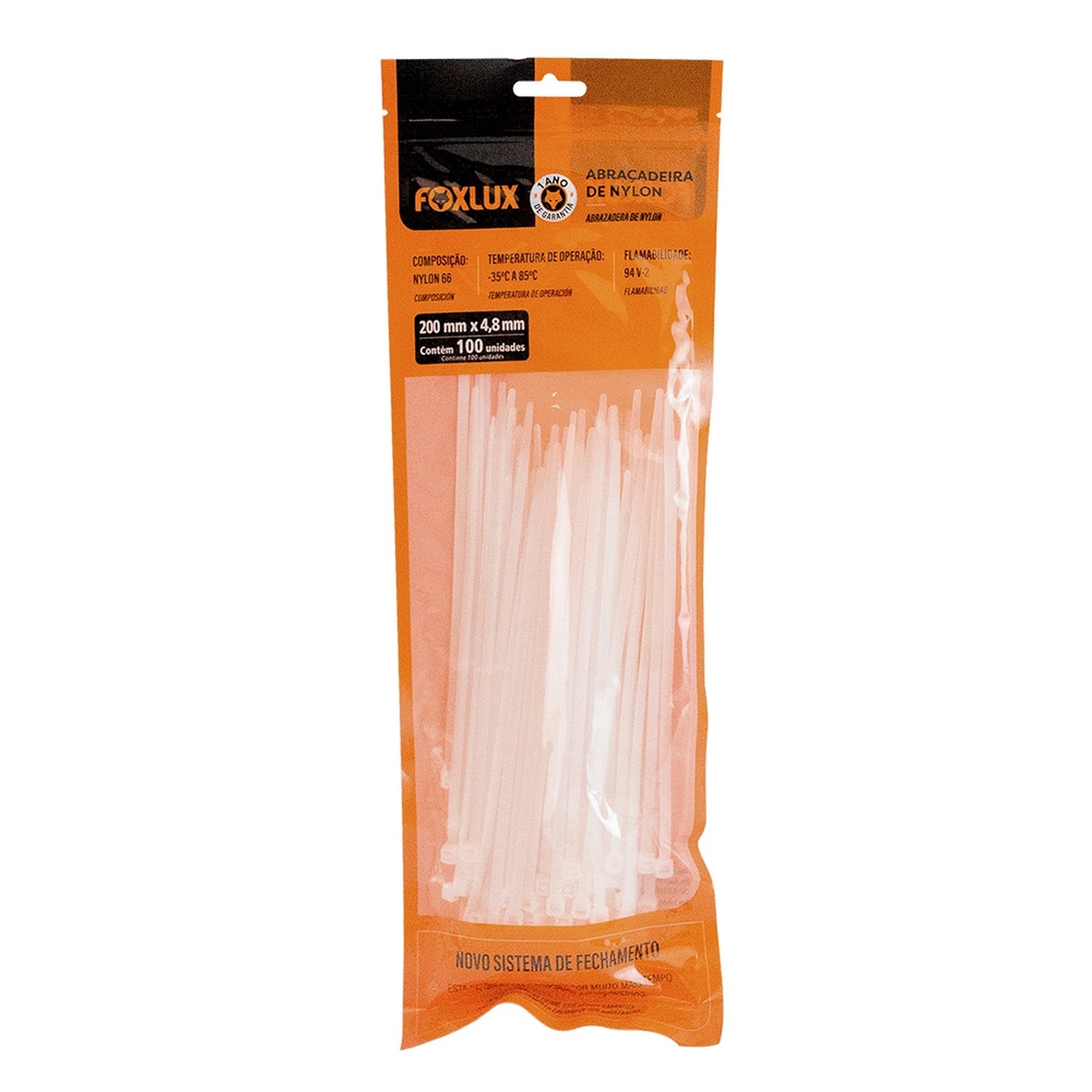 Abraçadeira Nylon Foxlux 200mm x 4,8mm Branco - Embalagem com 100 Unidades