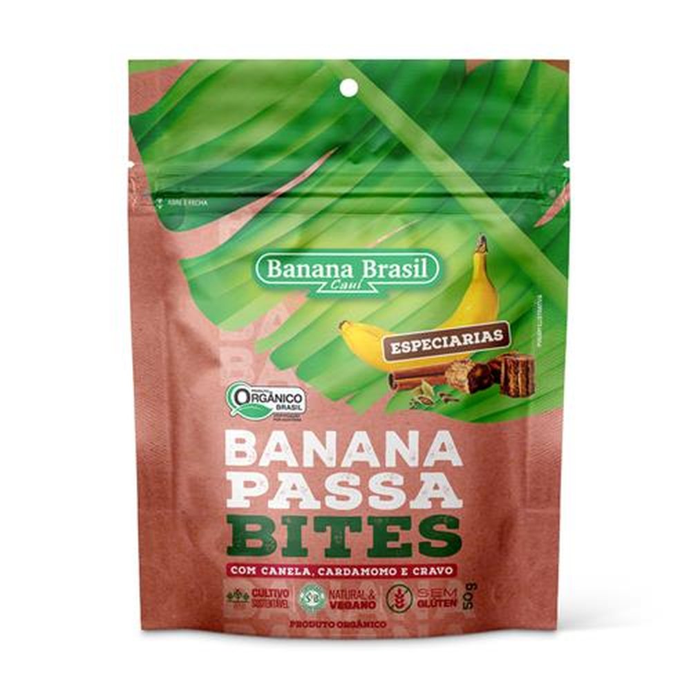 Banana Passa Orgânica bites com Especiarias 50g - Caixa com 25 Unidades