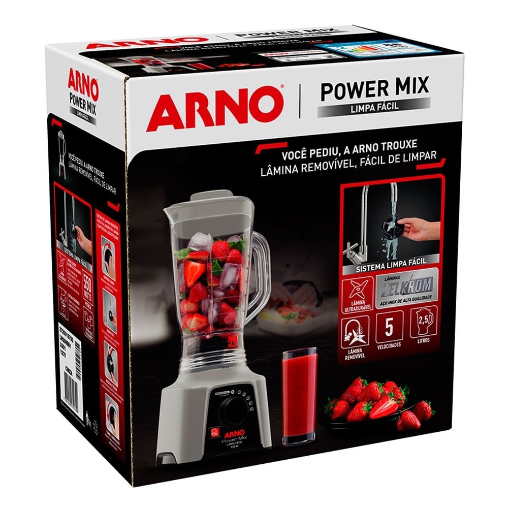Liquidificador Arno LQ31 Power Mix | Limpa Fácil, Copo Cristal e 5 Velocidades + Pulsar, 550W, Cinza, 220V