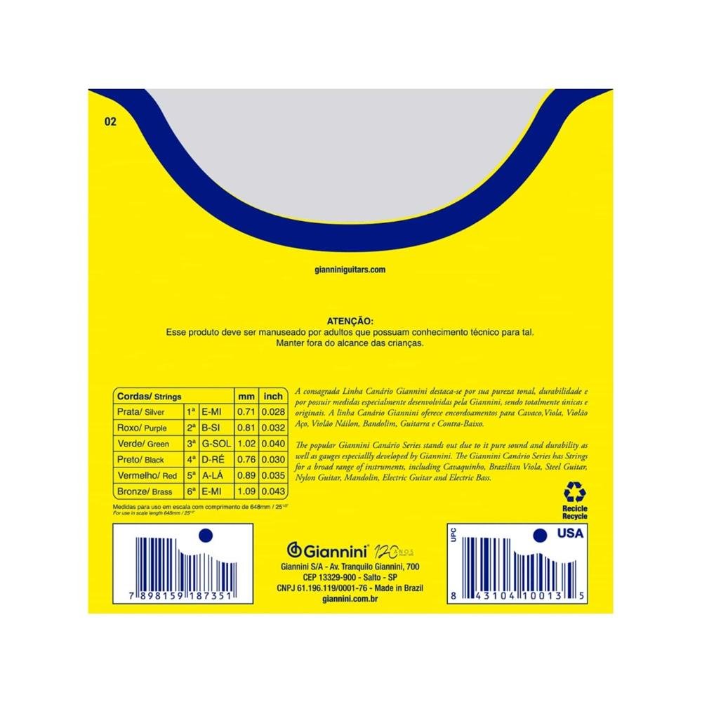 Encordoamento Giannini P/Violão Nylon Canário C/Bolinha Genwb