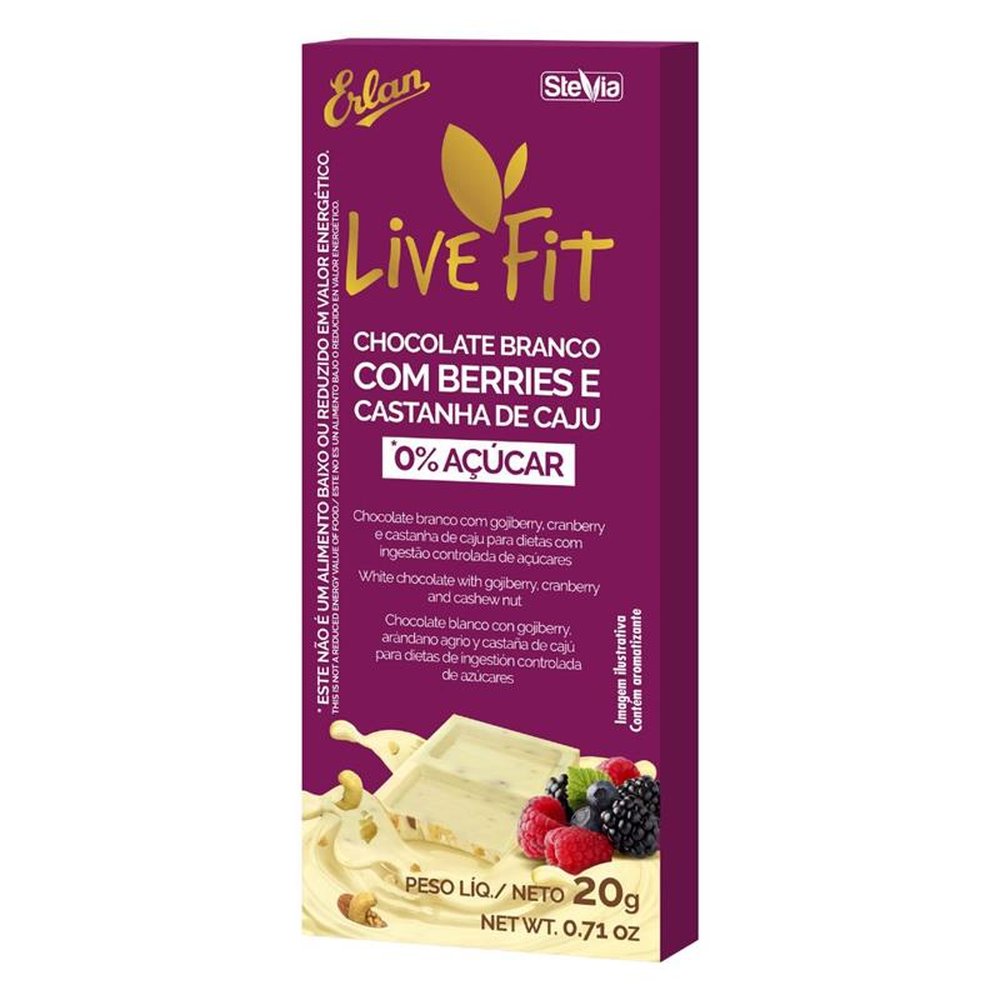 Tablete Chocolate Branco com Berries + Castanha de Caju Zero Açúcar LiveFit Embalagem com 48 Unidades de 20g Cada