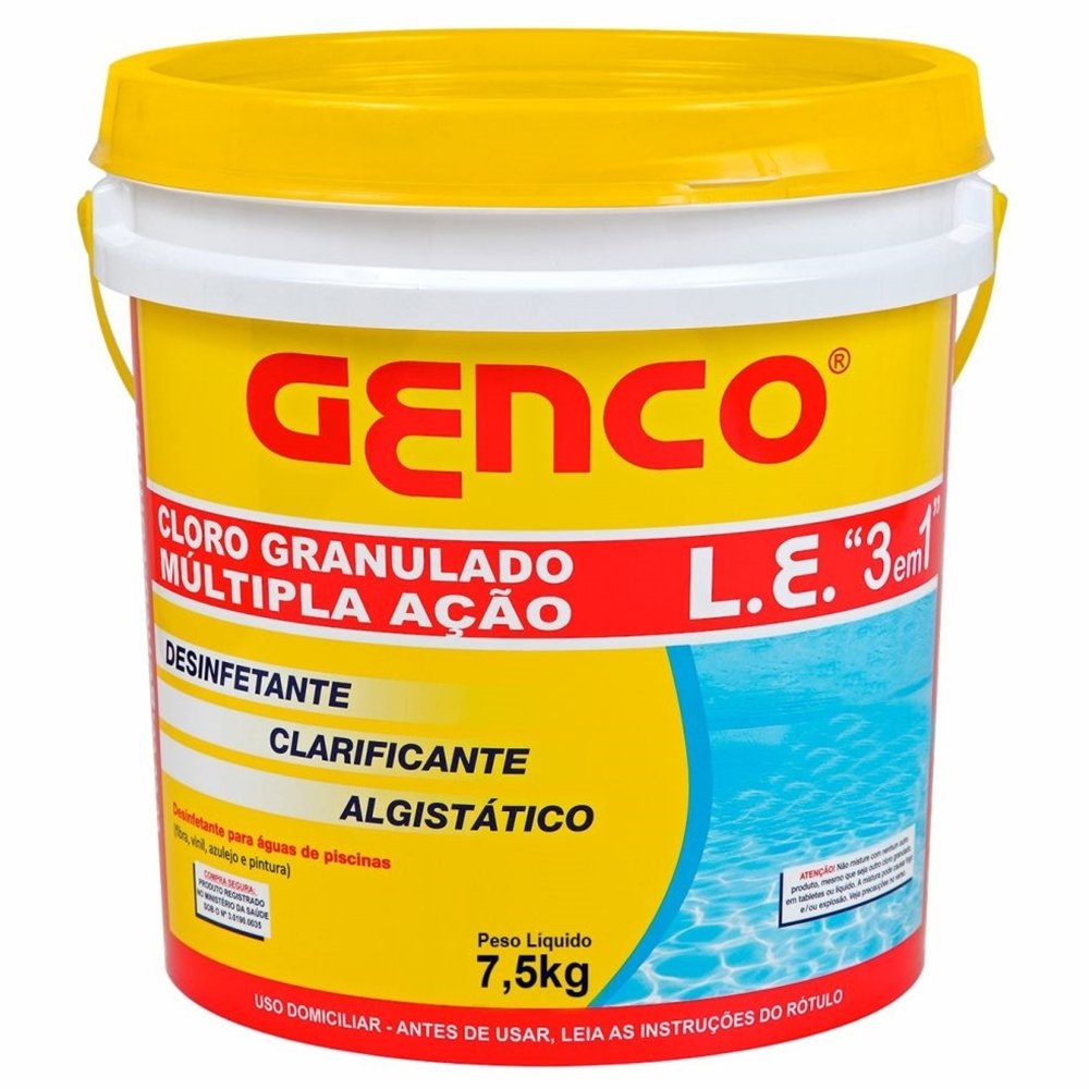Genco Cloro Granulado L.E. 3 em 1 Multipla Ação 7,5kg Balde