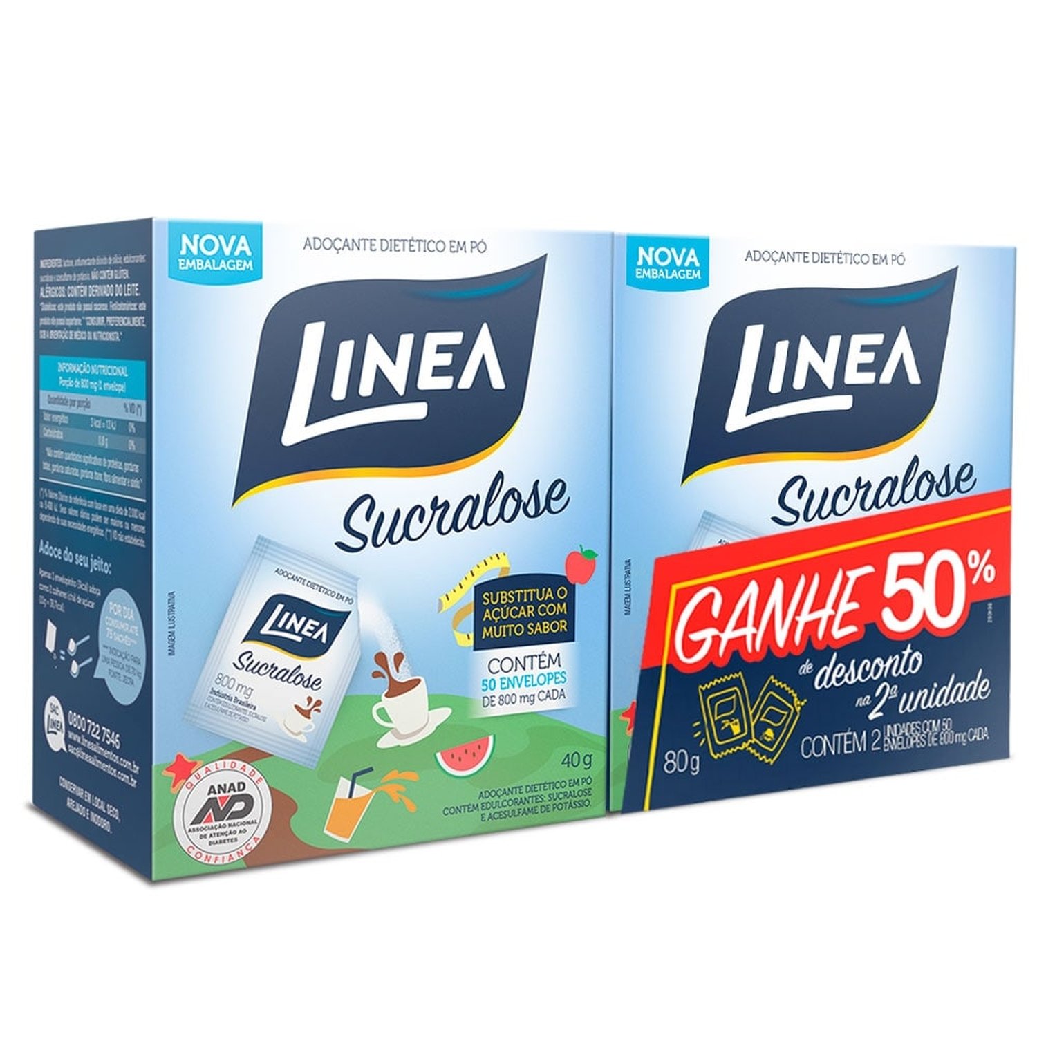 Adoçante Linea Sucralose em Pó 0,8g - 2 Embalagens com 50 Unidades