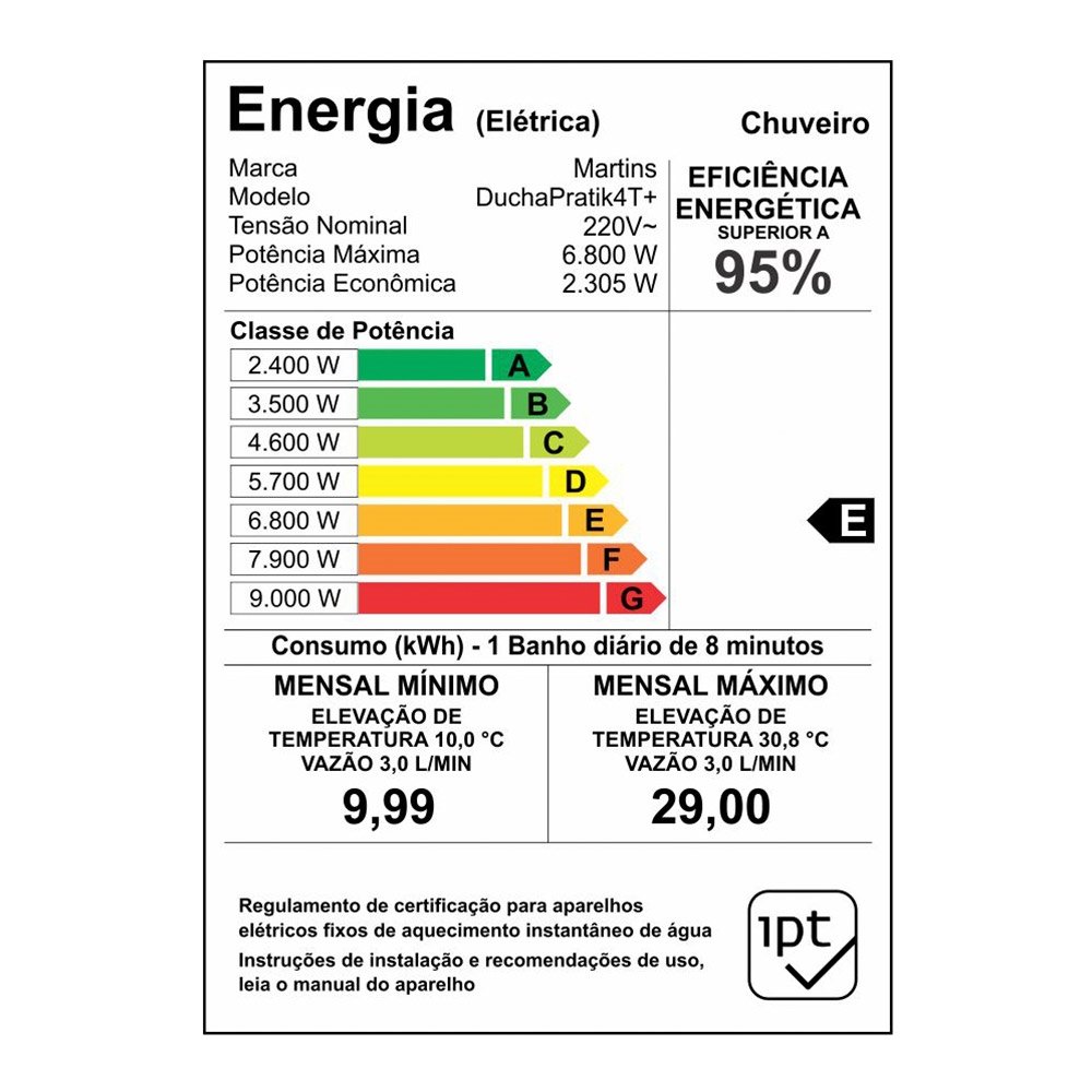 Chuveiro Ducha Pratik 4 Temperaturas, 6800W, Branco, 220V