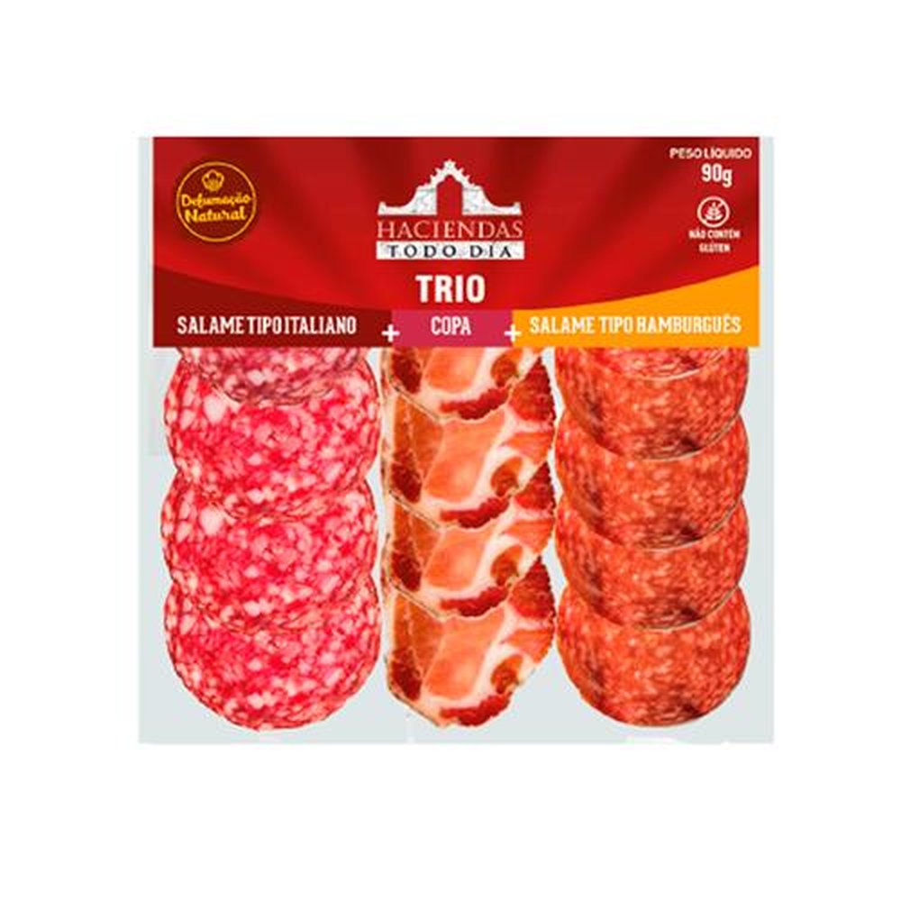 Salame Trio Tipo Italiano e Tipo Hamburguês e Copa Fatiado Haciendas Todo Dia 22x90g