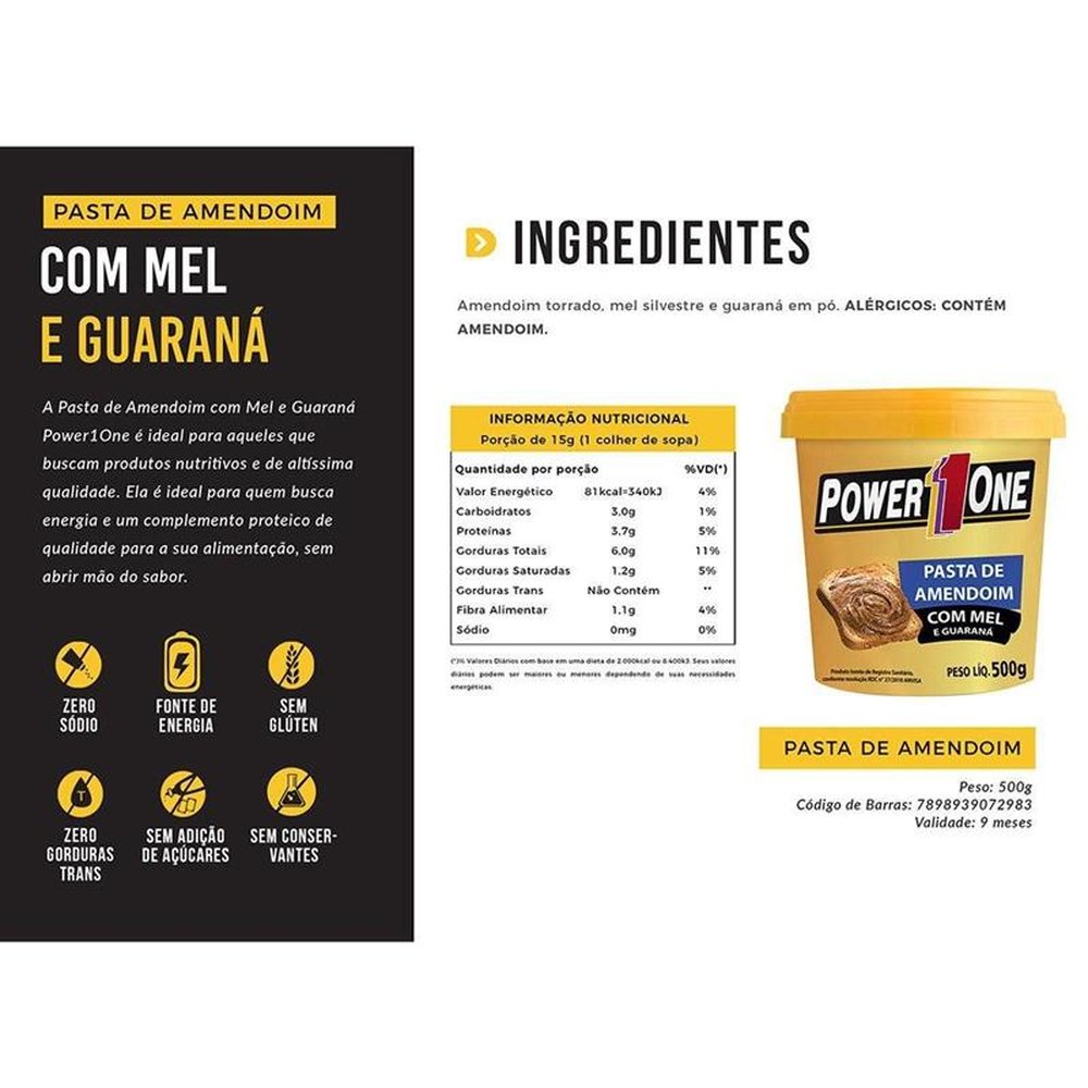 Pasta de Amendoim Power1One - Mel e Guaraná 500 G