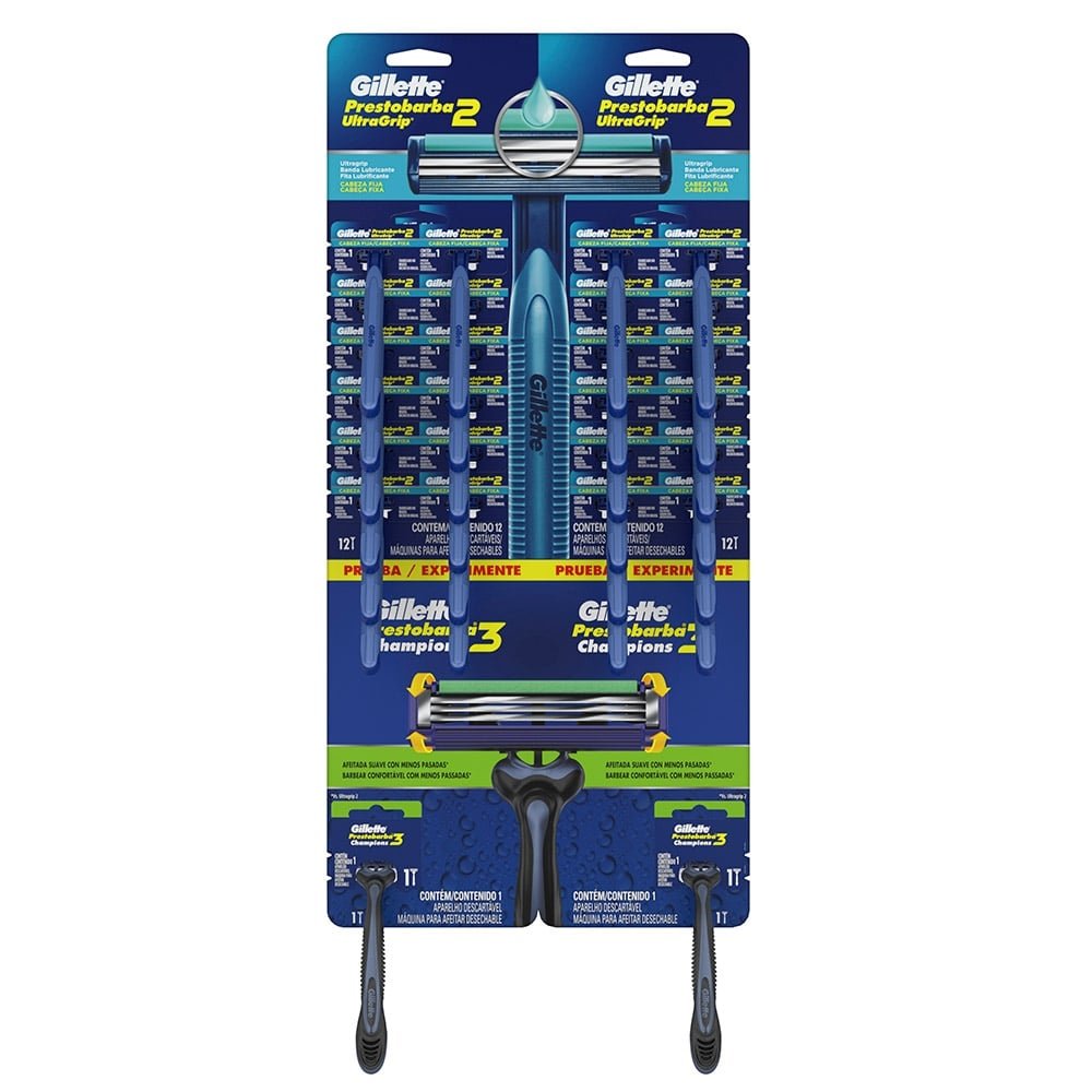Aparelho de Barbear Gillette Prestobarba Ultragrip 2 - 2 Embalagens com 12 Unidades + 2 Unidades Champions 3