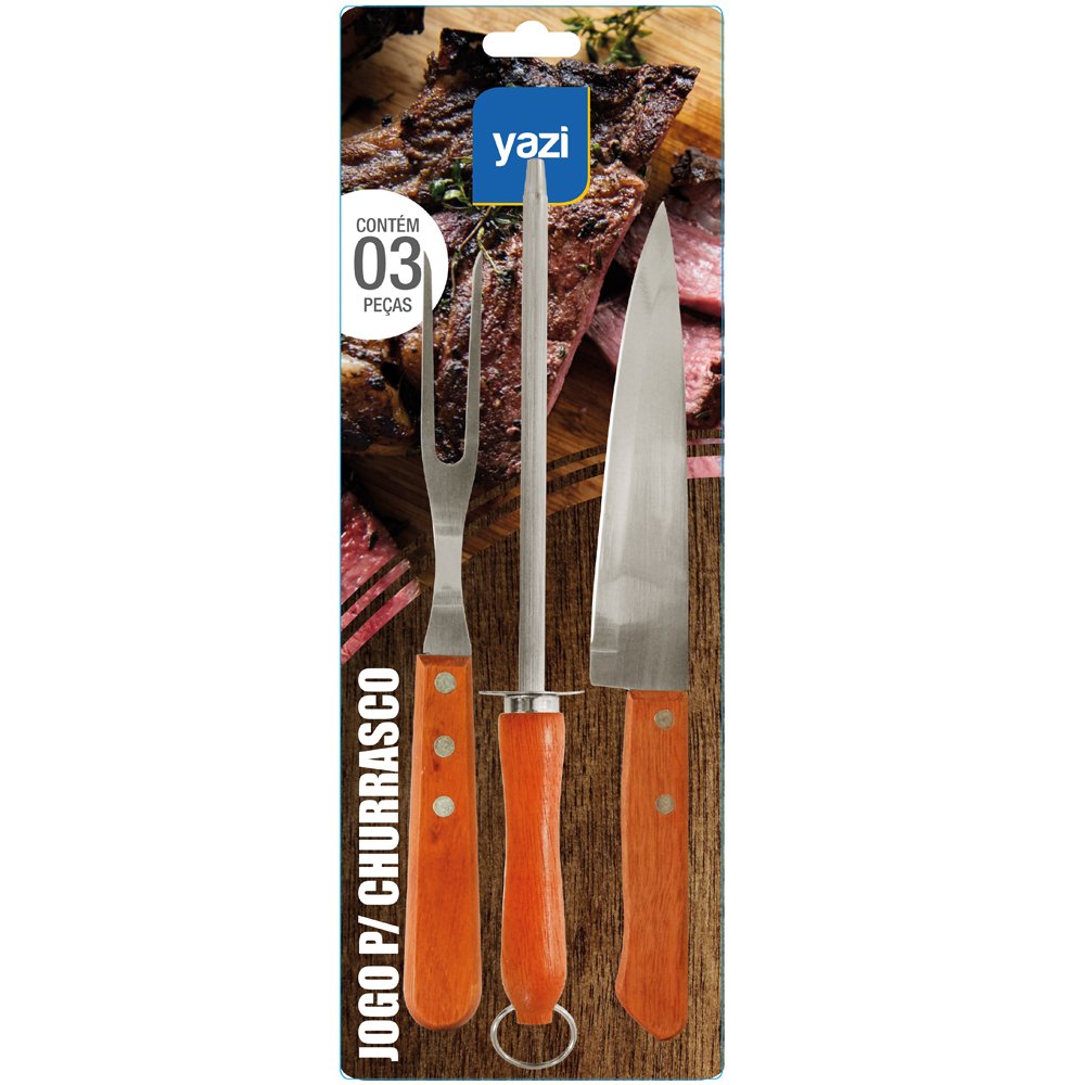 Conjunto Churrasco C/3 Peças Inox Premium