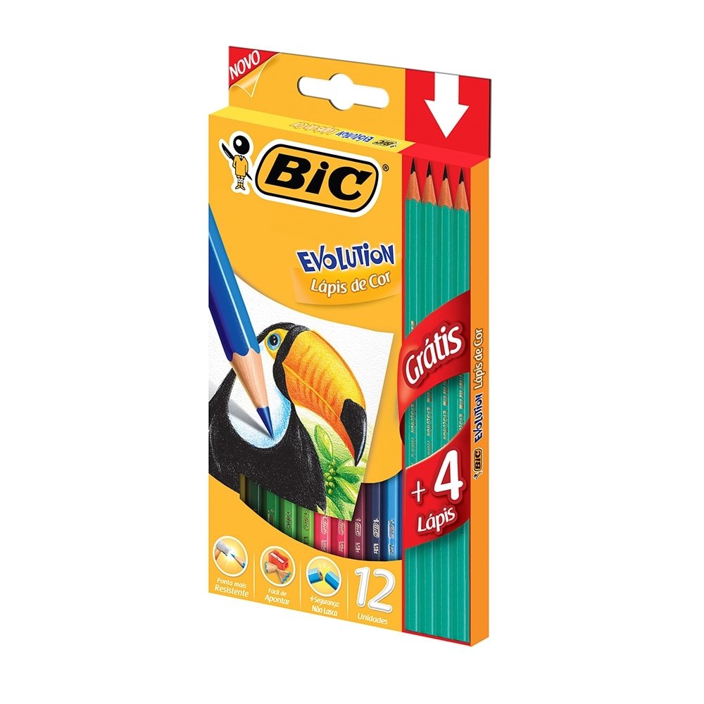 Lápis de Cor Bic Evolution 12 Cores Hexagonal - Embalagem com 6 unidades (Grátis 4 Lápis Preto)