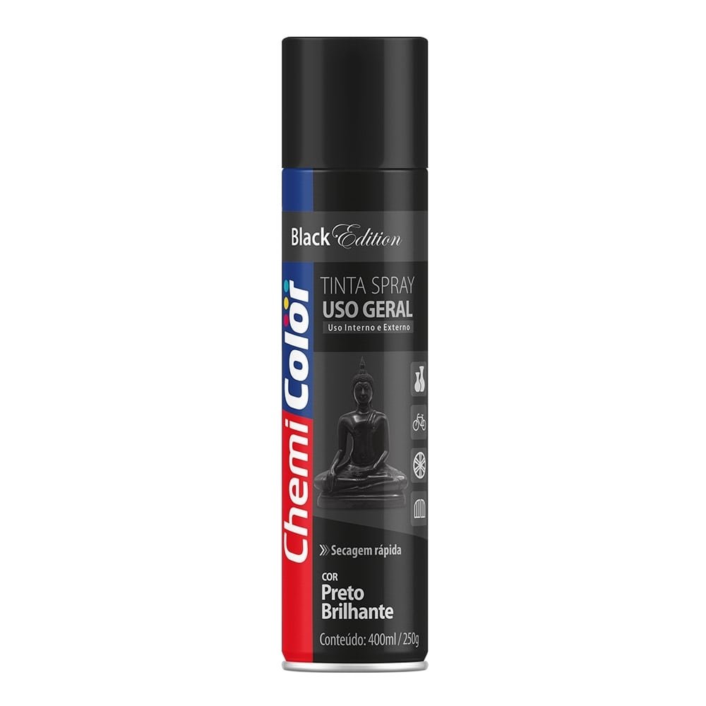 Tinta Spray Uso Geral Preto Brilhante 400ml - Chemicolor